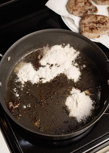 browning flour in skillet.