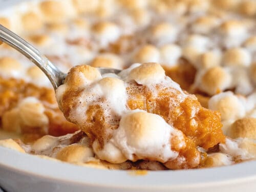 Spoonful of sweet potato casserole with marshmallows.