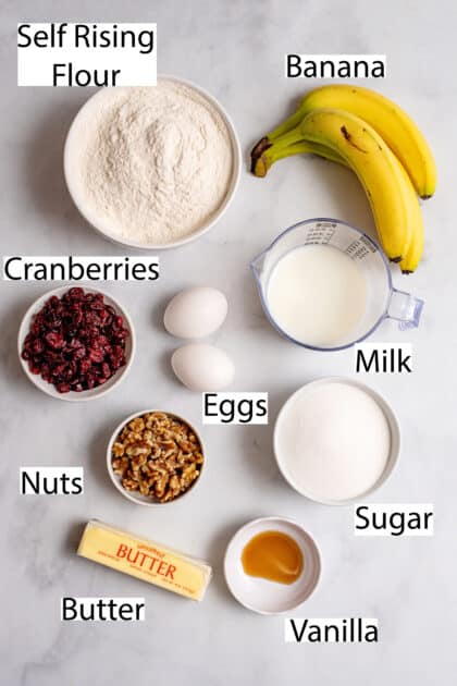 Labeled ingredients for cranberry banana bread.