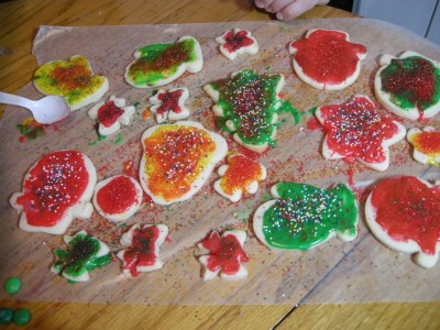 Iced Christmas cutout cookies.