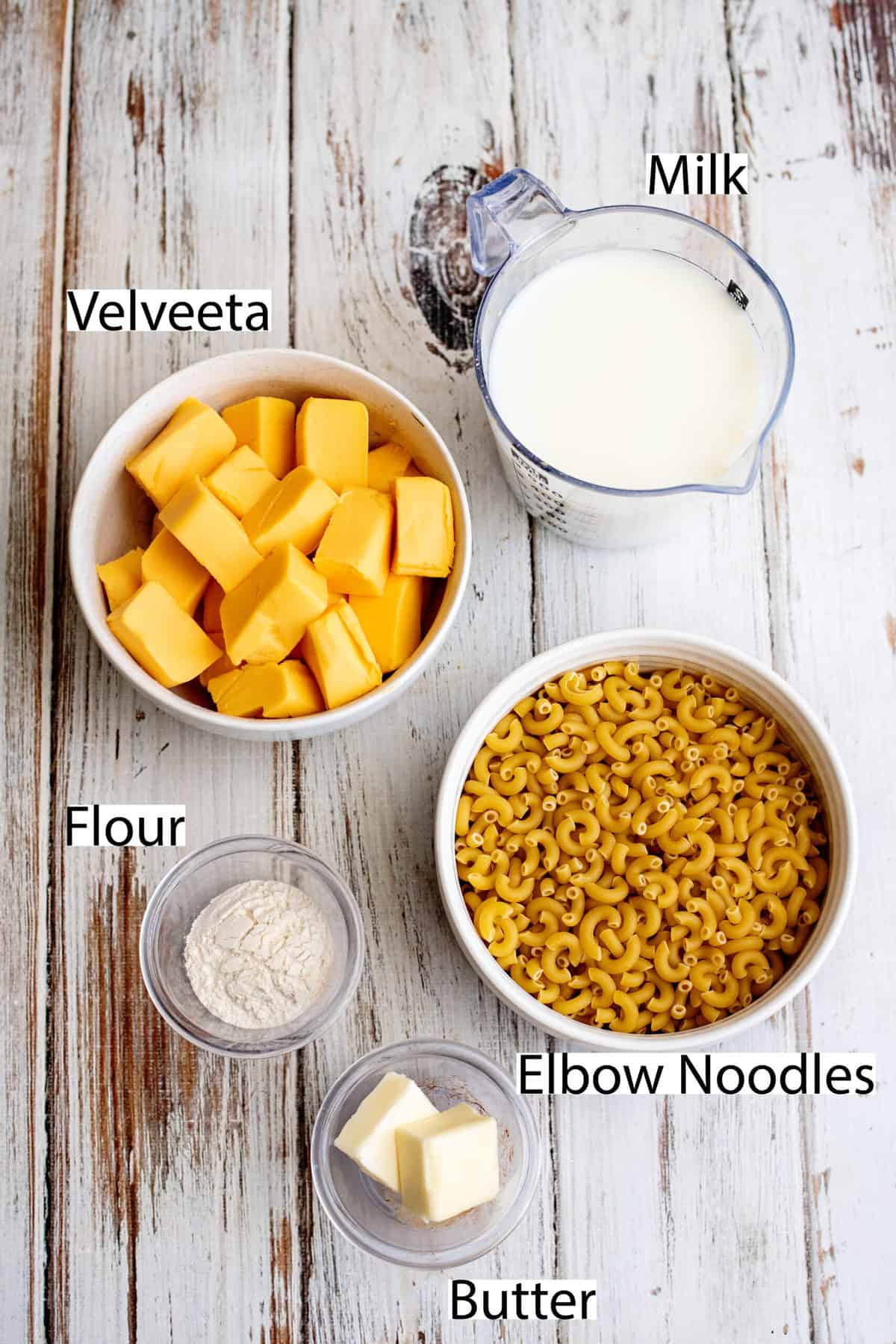 Ingredients for baked Velveeta mac and cheese.