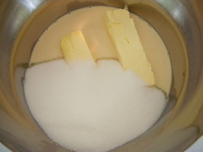 Place butter, sugar, and evaporated milk in saucepot.