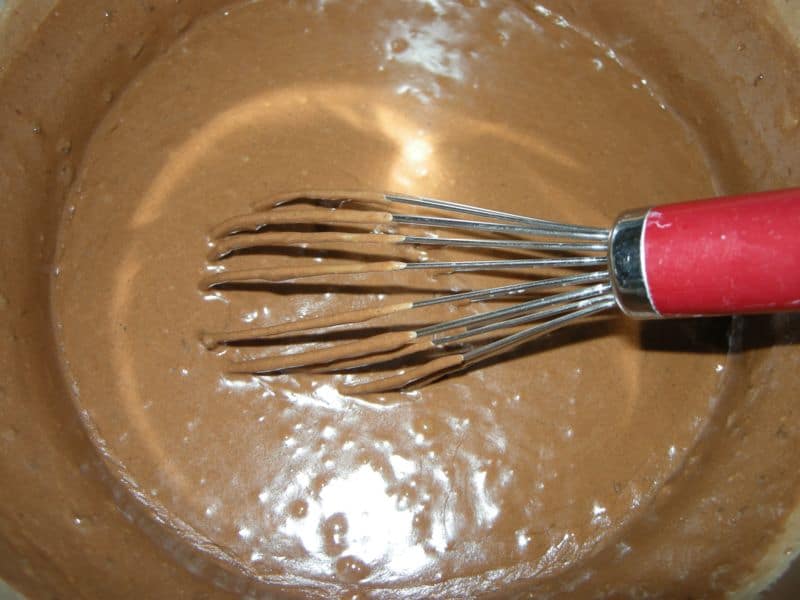 Stir the chocolate fudge mixture until the chocolate chips melt.