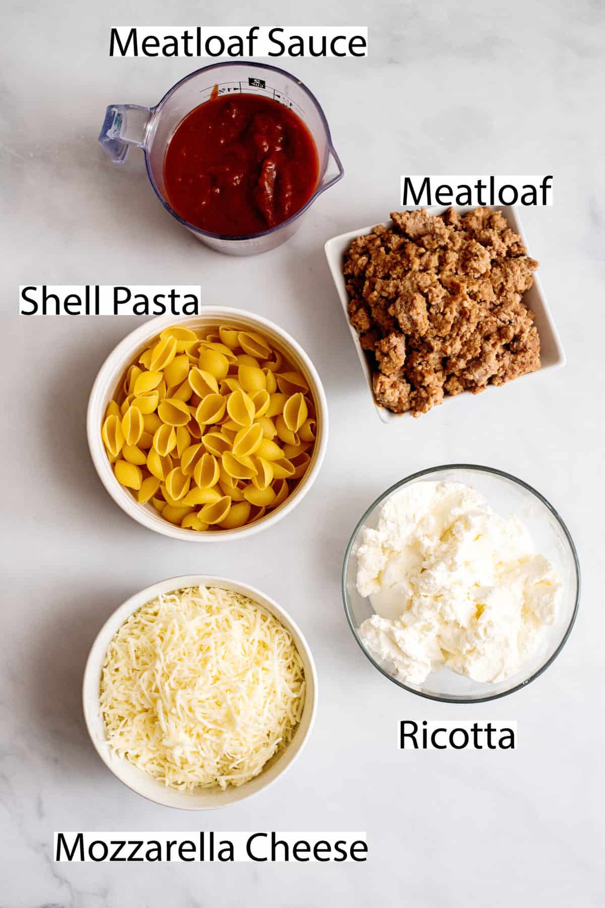 Labeled ingredients for meatloaf casserole.