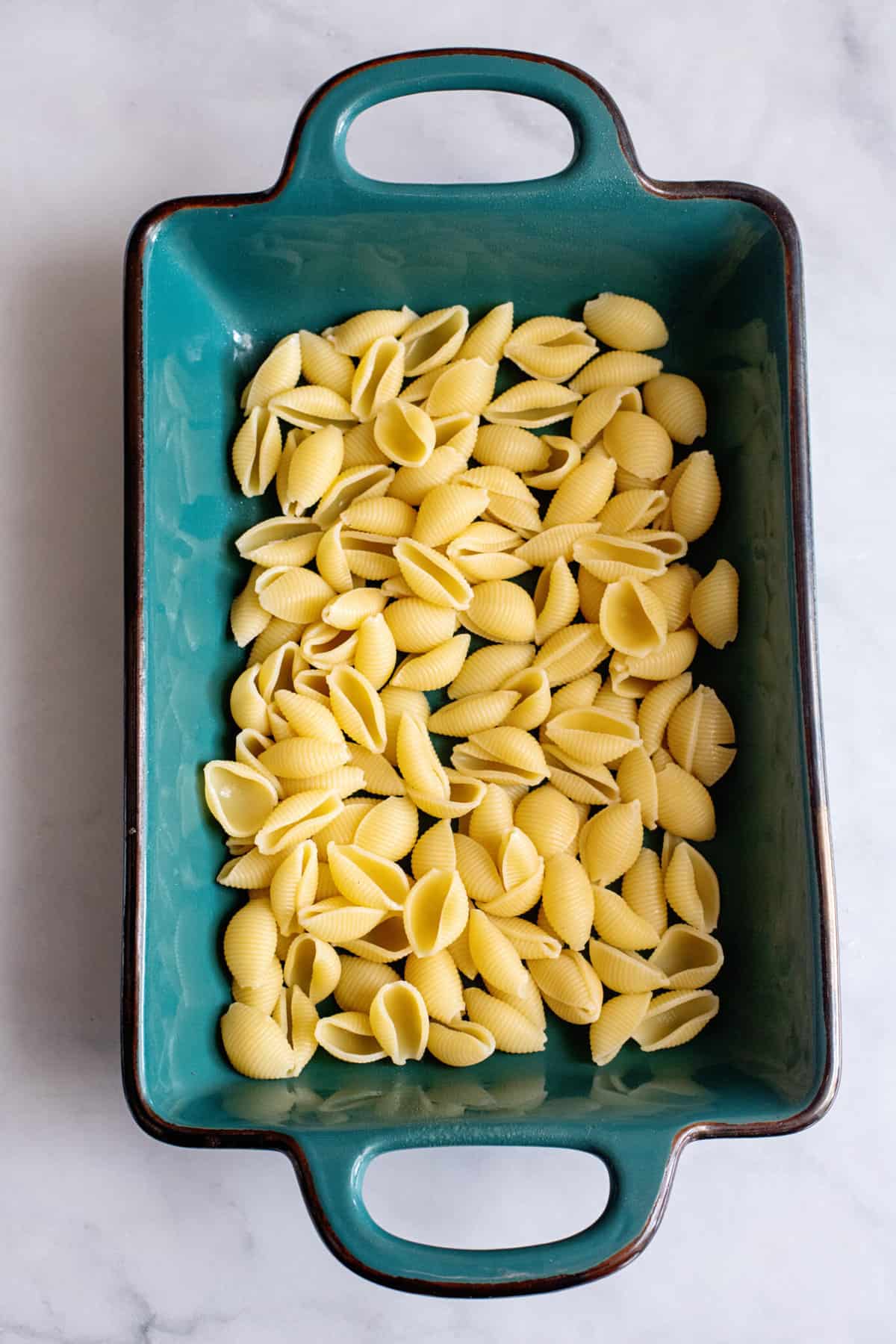 Place cooked pasta in baking dish.