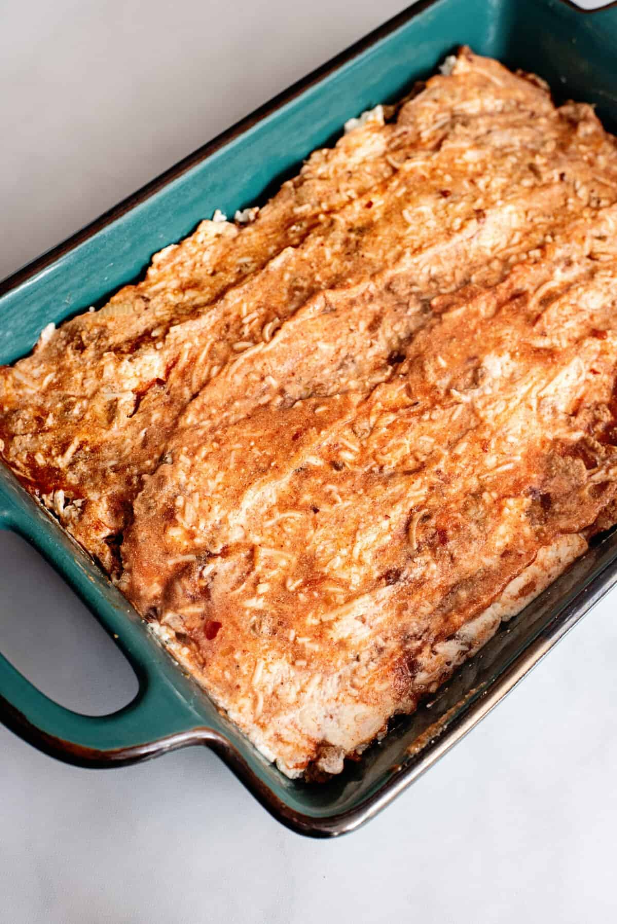 Meatloaf casserole ready for the oven.