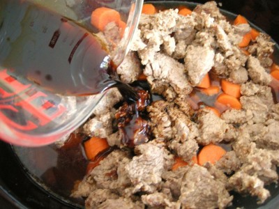 Add marinade to slow cooker to make traditional beef stew.