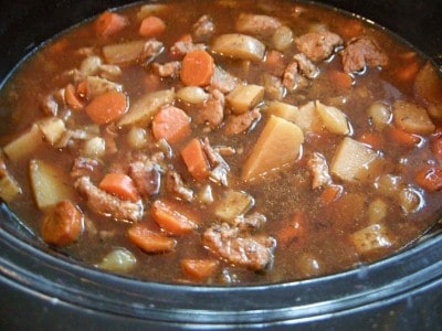 Cooked traditional beef stew in slow cooker.