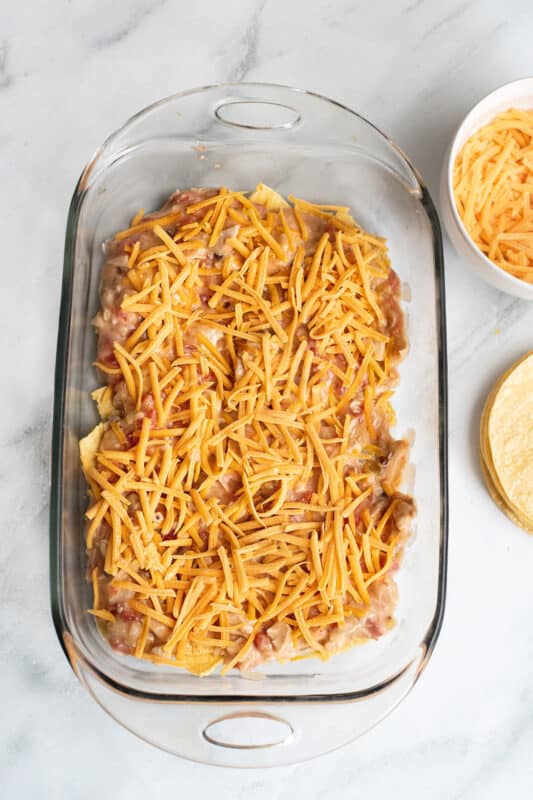 spread half the chicken mixture and cheese over the chips.