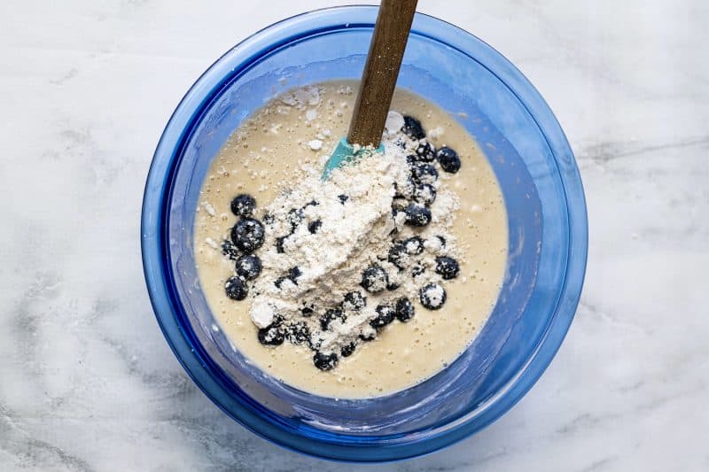 Add blueberries and baking mix and gently stir.