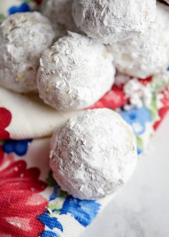 close-up of pecan snowball cookies.