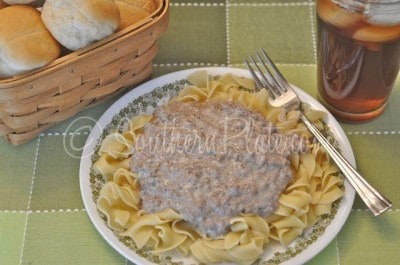 Plate of beef stroganoff.