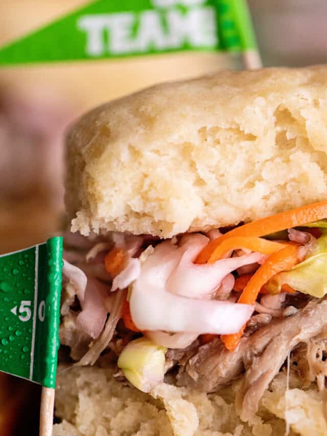 Close-up of pulled pork slider.