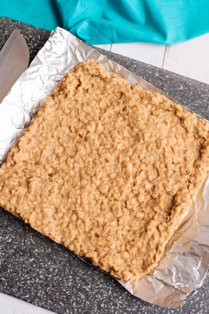 Cooled peanut butter oatmeal cookies ready to slice.