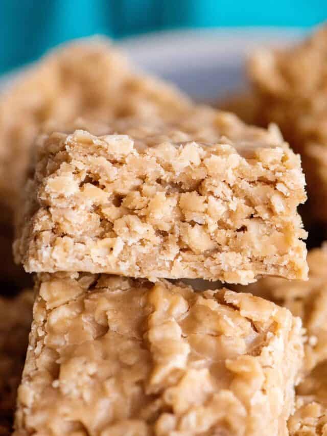 Close-up of no-bake peanut butter oatmeal cookie bar.