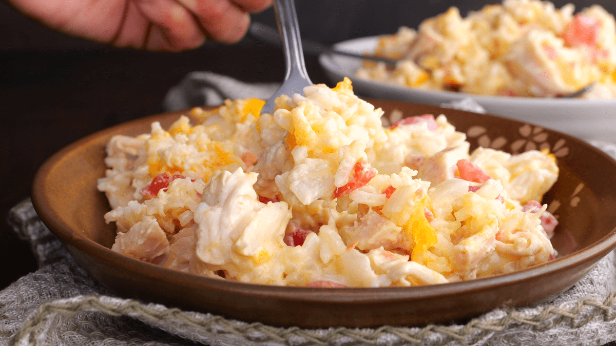 Forkful of Mexican chicken casserole.