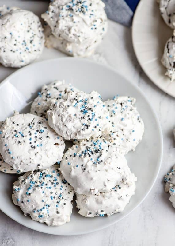 plate of chocolate chip meringue cookies