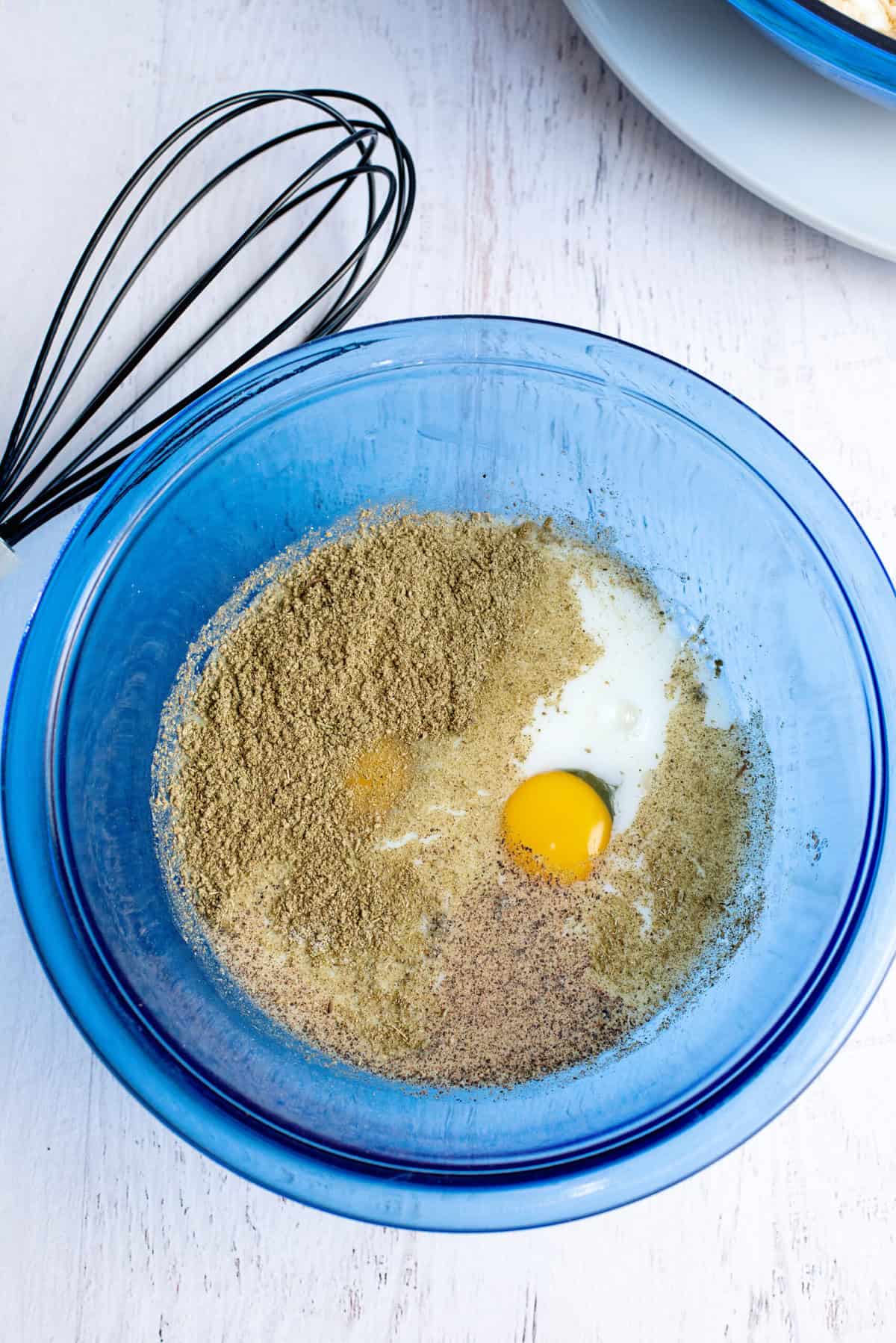 in a small bowl, combine eggs, seasonings, and milk