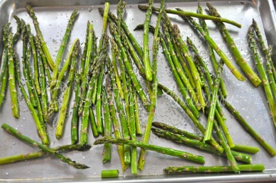 Coat spears in oil and salt and place on baking sheet.