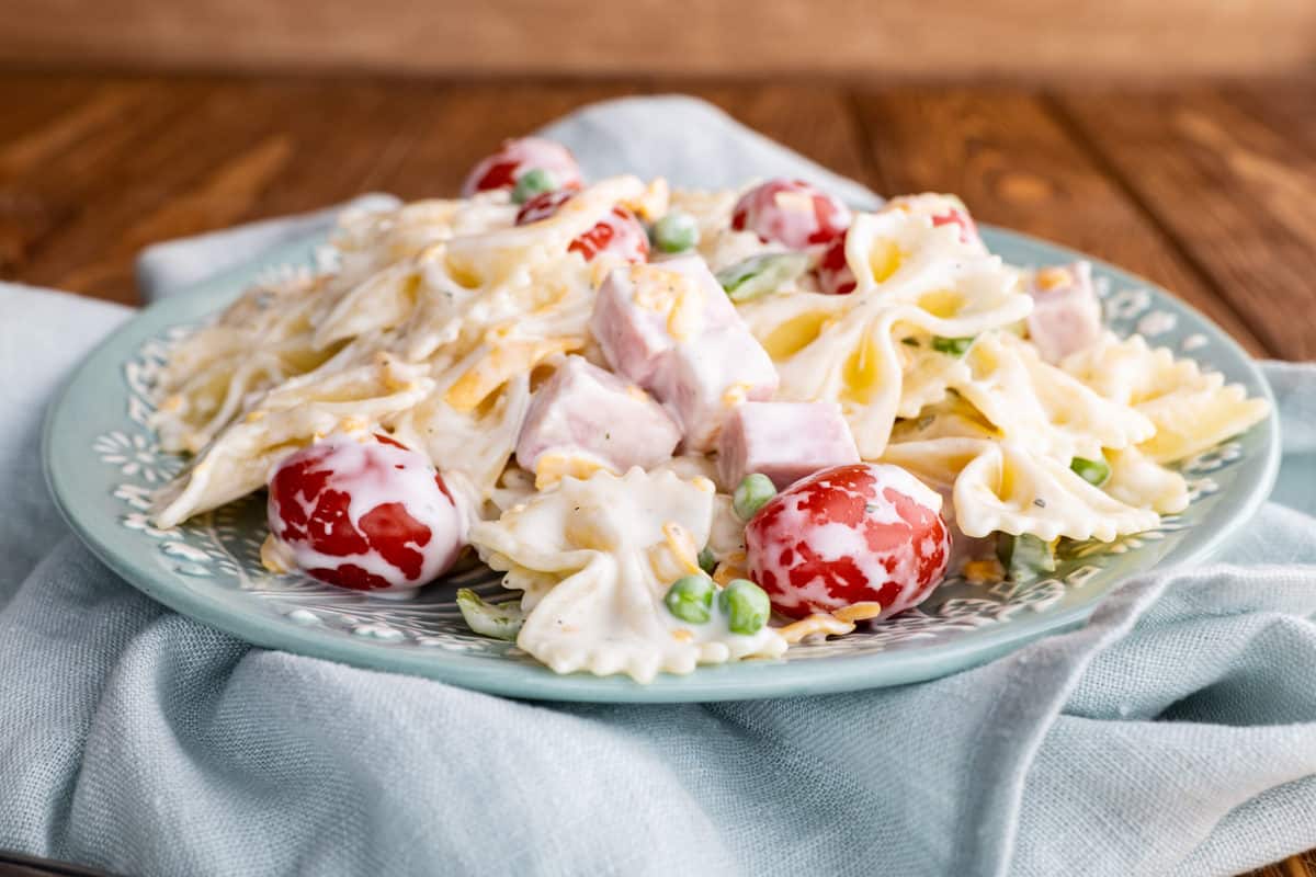 Plate of ham pasta salad.