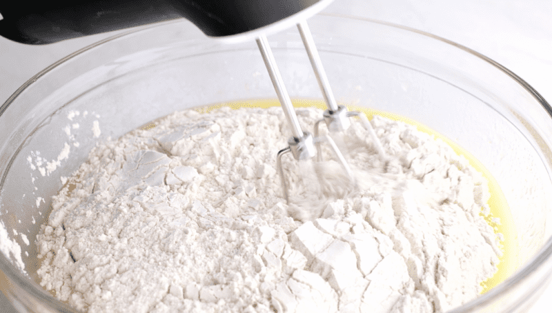 Combine wet and dry ingredients in mixing bowl.