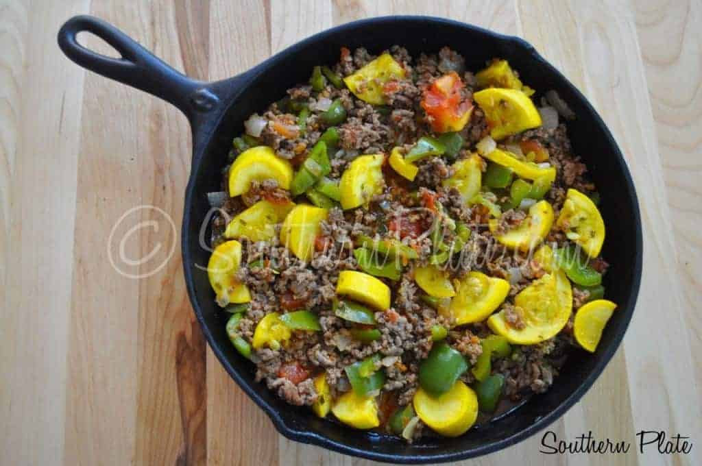 Ground beef and vegetables skillet.