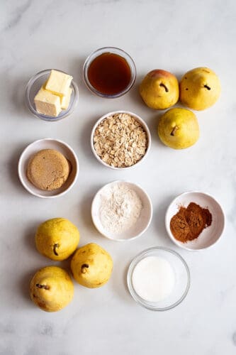 All ingredients for recipe for pear crisp.