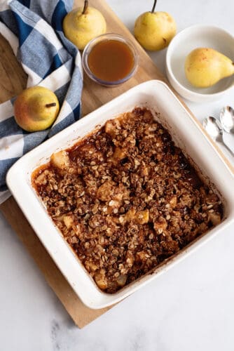 Pear crisp in baking dish