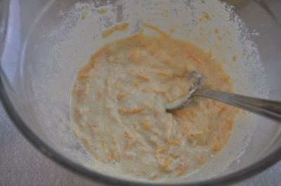 Mix up cornmeal, egg, milk, oil, and cheese.