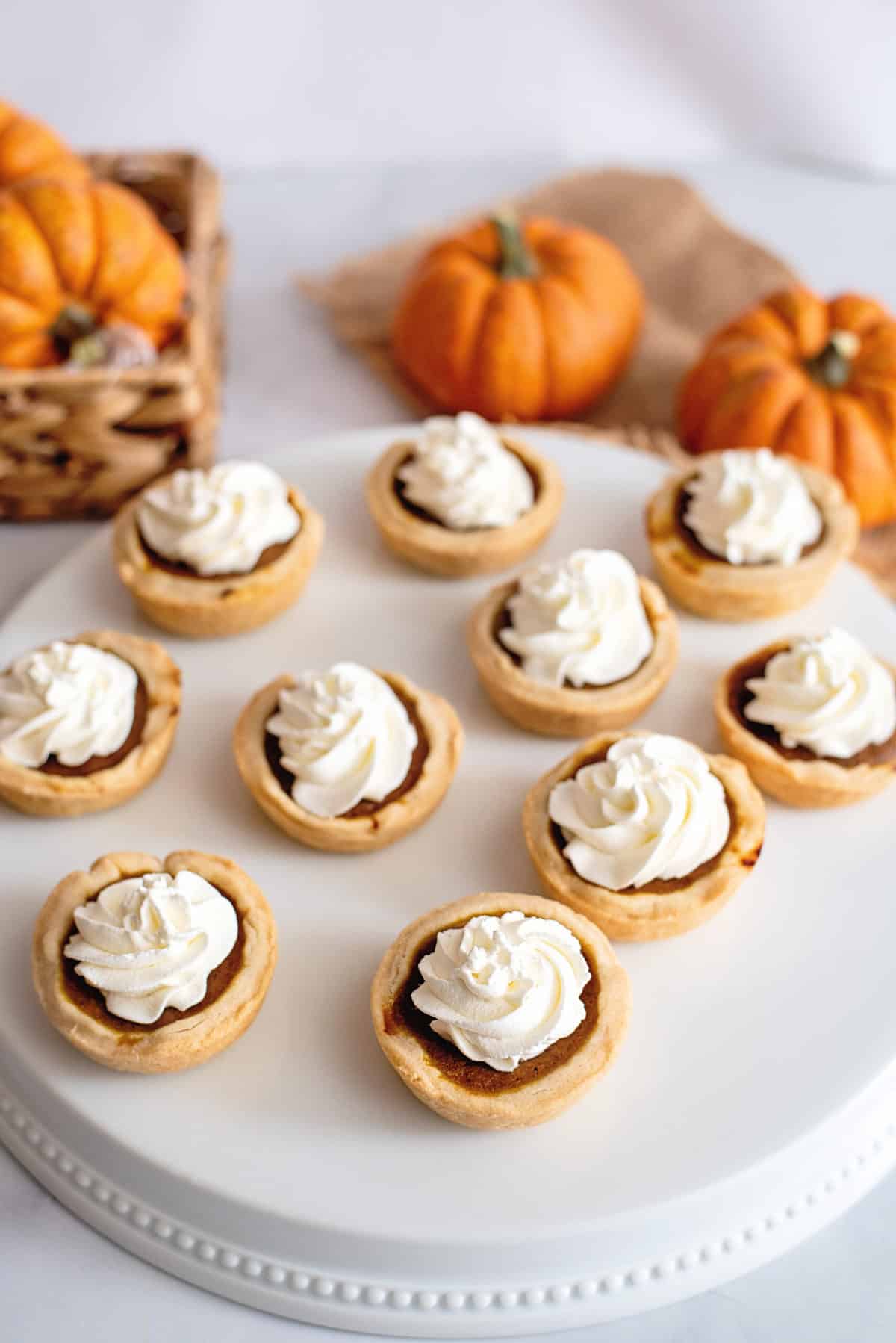 Serving plate filled with mini pumpkin pies.