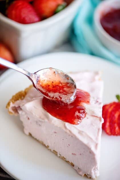 Add strawberry preserves to your slice of strawberry cream pie.