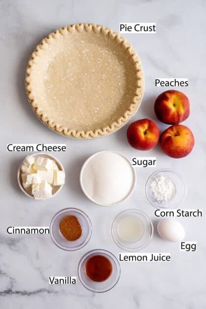 Labeled ingredients for peaches and cream pie.