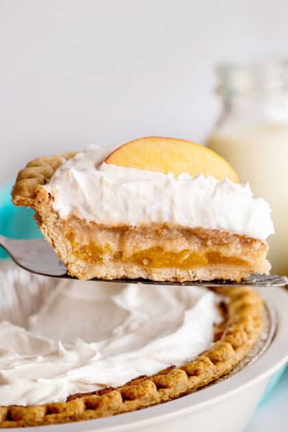 Slice of peaches and cream pie.