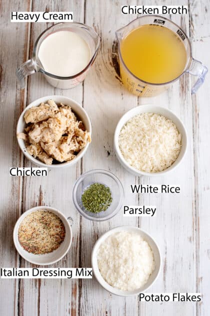 Labeled ingredients for my easy chicken and rice soup.