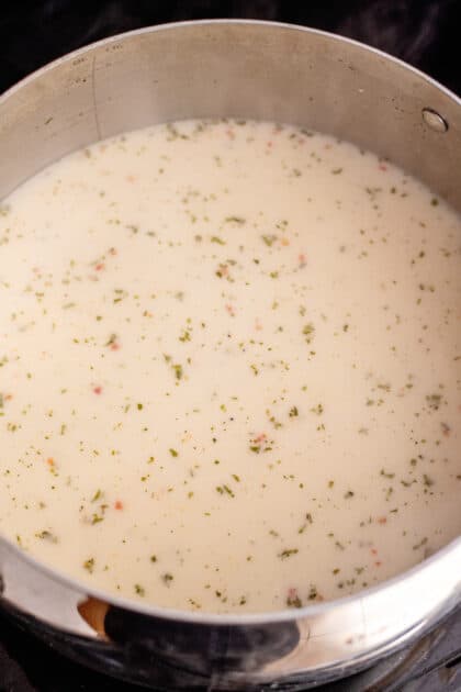 Creamy soup ingredients all mixed together.