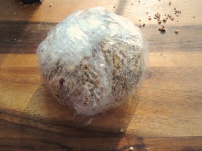 Place wrapped cheese ball in fridge to set.