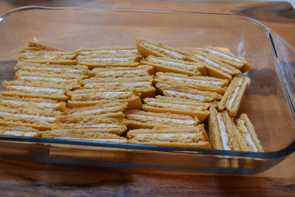 Arrange them cut side up in a baking dish.