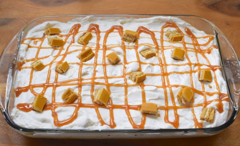 Finish Moon Pie Cake with bite-sized pieces and more caramel drizzle.