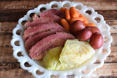 Irish boiled dinner on plate.