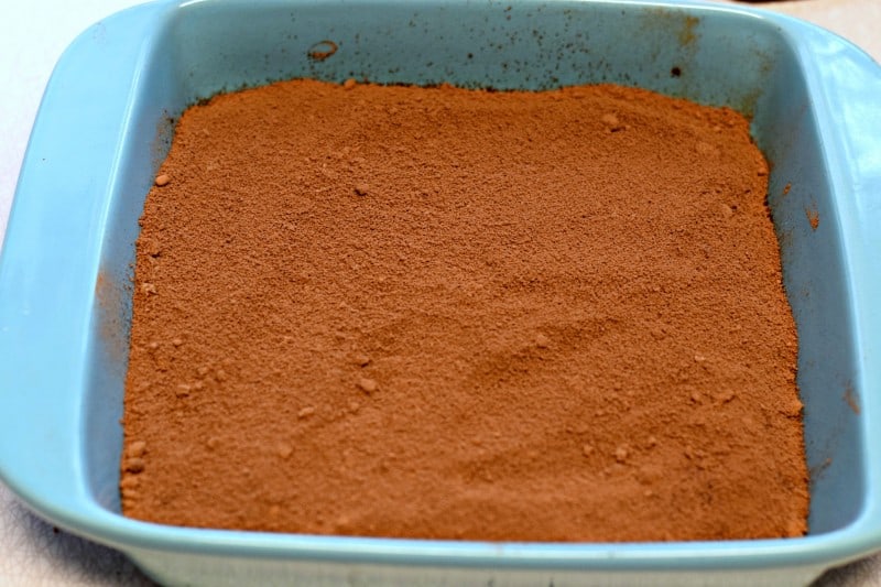 Sprinkle batter with topping mixture of cocoa powder and brown sugar.