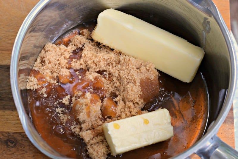 Place brown sugar, butter, maple syrup, and honey in a medium saucepot.