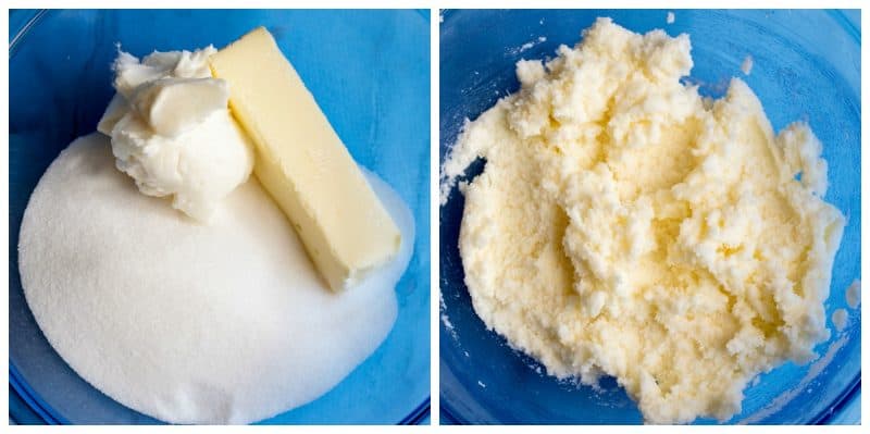 Butter, shortening, and sugar in a mixing bowl.