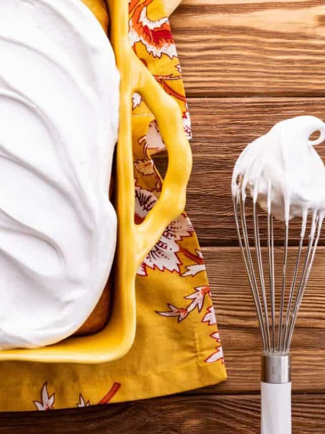 7-minute frosting covering a whisk and cake.