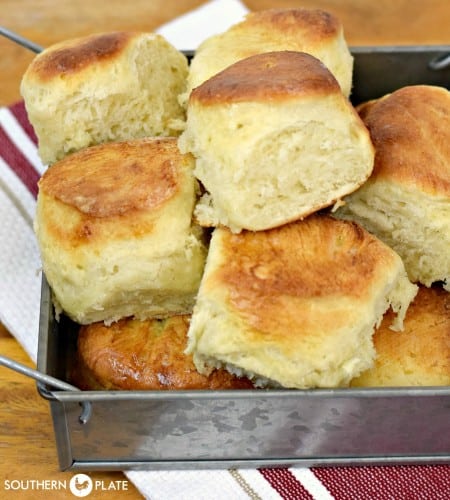 A stack of homemade dinner rolls (aka Preston rolls).