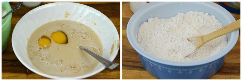 Add eggs to yeast mixture and then place remaining ingredients in separate large bowl.