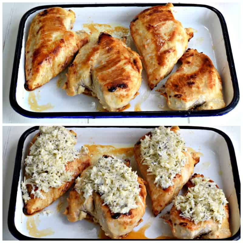 Add cheese mixture to the top of each chicken breast and bake for 10 minutes.