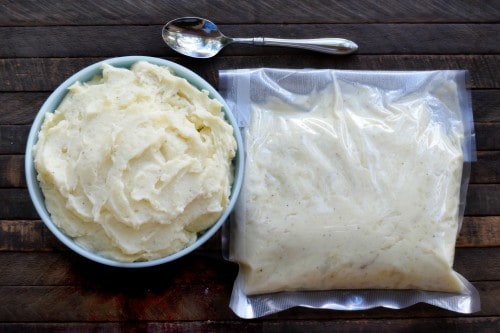 Freezer Mashed Potatoes, in bowl and in a FoodSaver bag