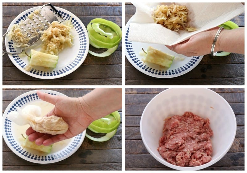 Peel, grate, and squeeze juice out of apple before combining in bowl with pork, salt, and pepper.