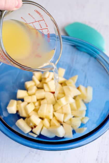 Place chopped apple in bowl with pineapple juice.