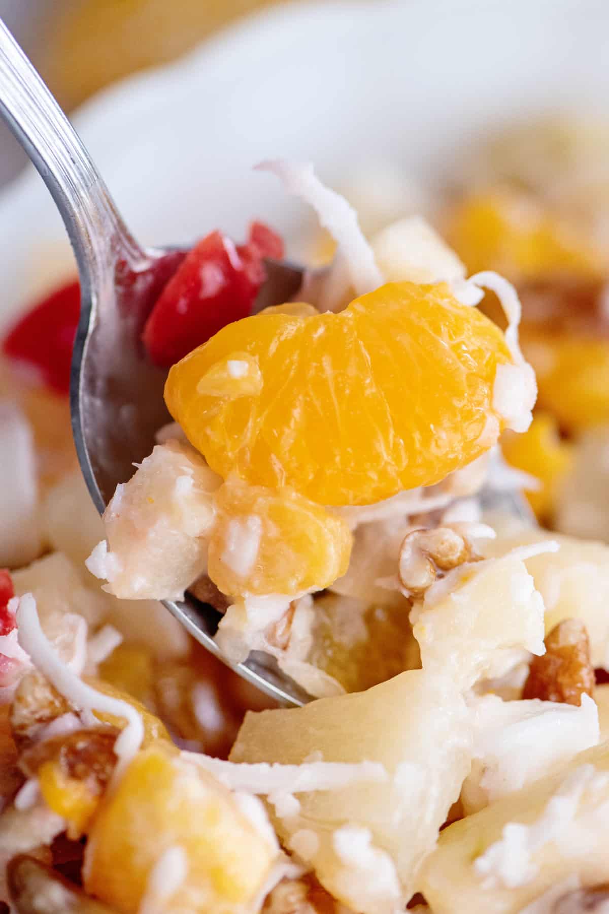 Forkful of Southern Ambrosia salad recipe.